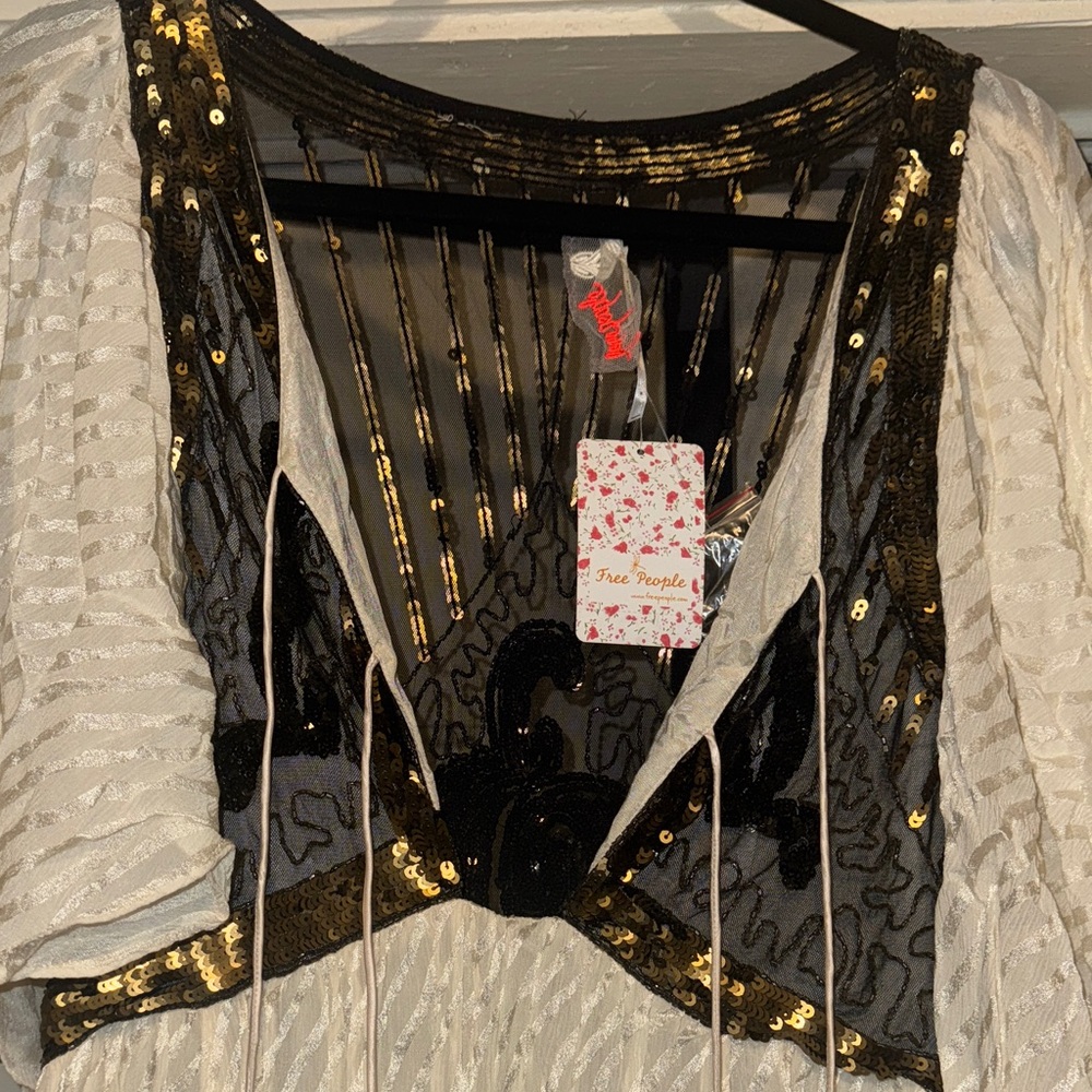 Free People White and Gold Mini Dress with Black Sheer Detail - Picture 2 of 6
